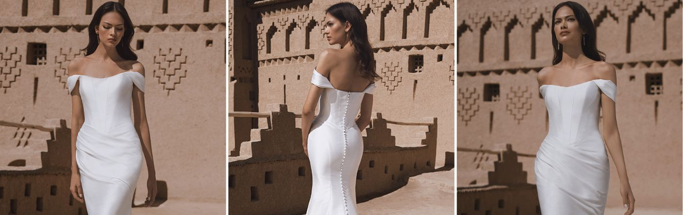 Structured 2026 Blue by Enzoani Mikado, fitted, off Shoulder Wedding Dress 